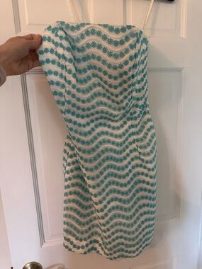 Lilly Pulitzer Strapless Sheath Dress in White and Teal Floral Wave NWT
